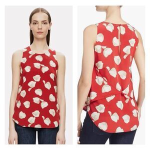 THEORY Zabetha Harper Silk Printed Blouse, Red/Tan Floral, Sz S